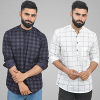 Pack Of 2 Mens Grey And White Wide Check Cotton Short Kurta Comb