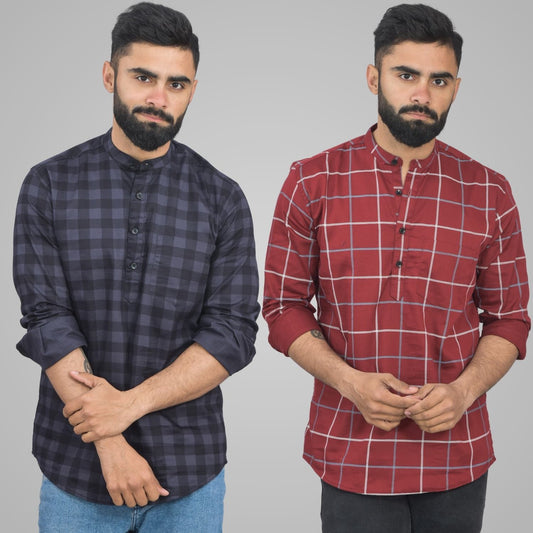Pack Of 2 Mens Grey And Wine Wide Check Cotton Short Kurta Combo