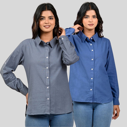 Women Grey And Teal Blue Solid Airy Linen Cotton Shirts Combo