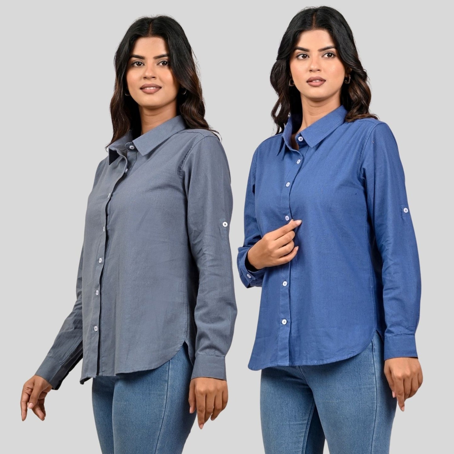 Women Grey And Teal Blue Solid Airy Linen Cotton Shirts Combo