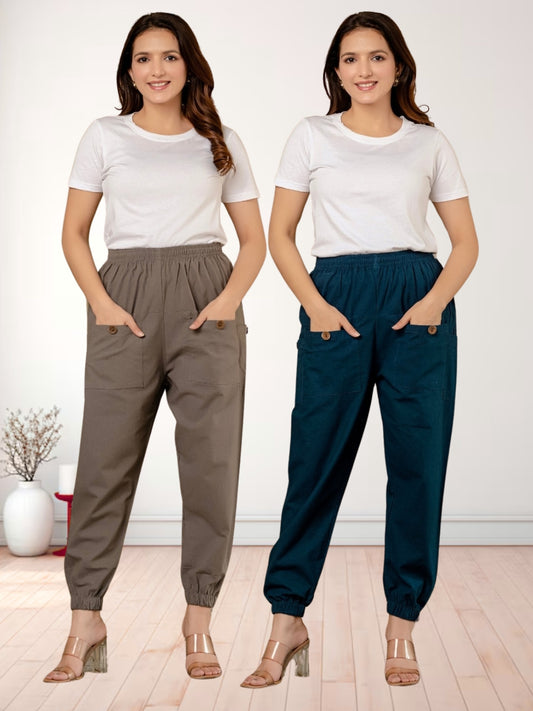 Combo Pack Of Womens Grey And Teal Blue Four Pocket Cotton Cargo Pants