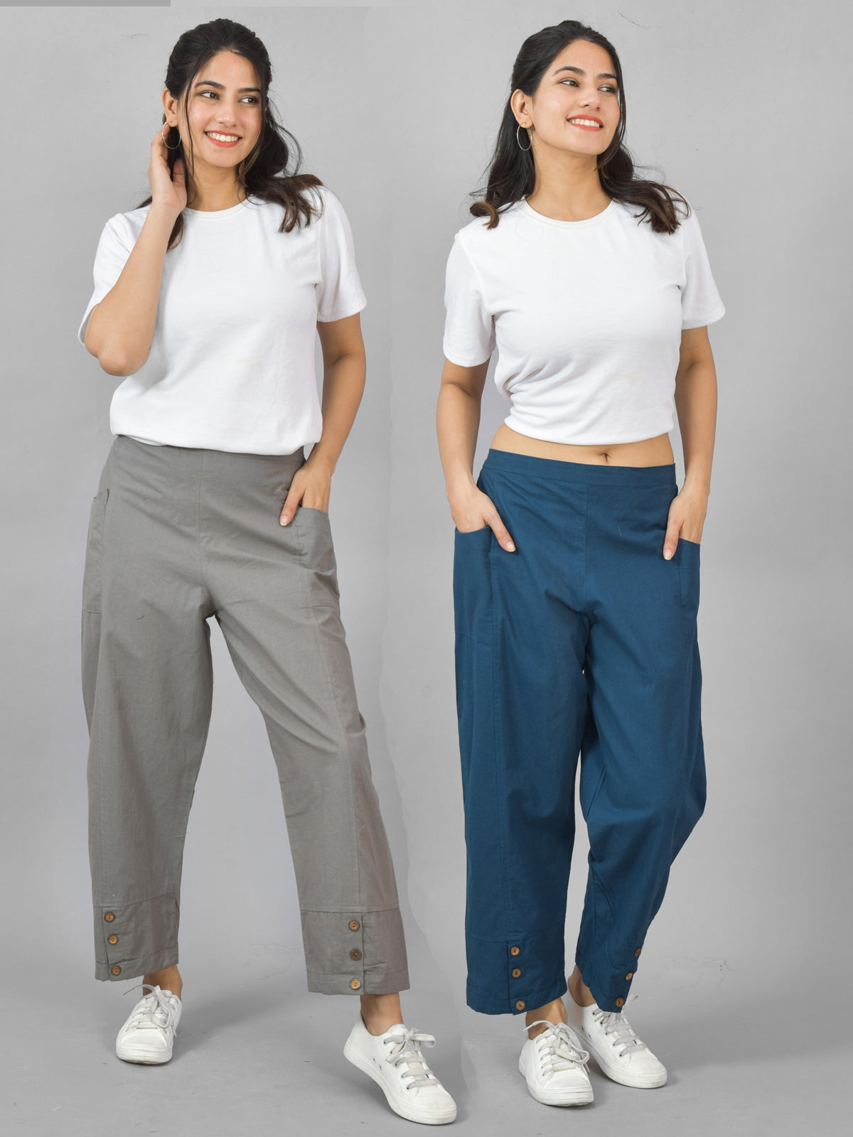 Combo Pack Of Womens Grey And Teal Blue Side Pocket Straight Cargo Pants