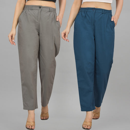 Combo Pack Of 2 Grey And Teal Blue Womens Cotton Formal Pants