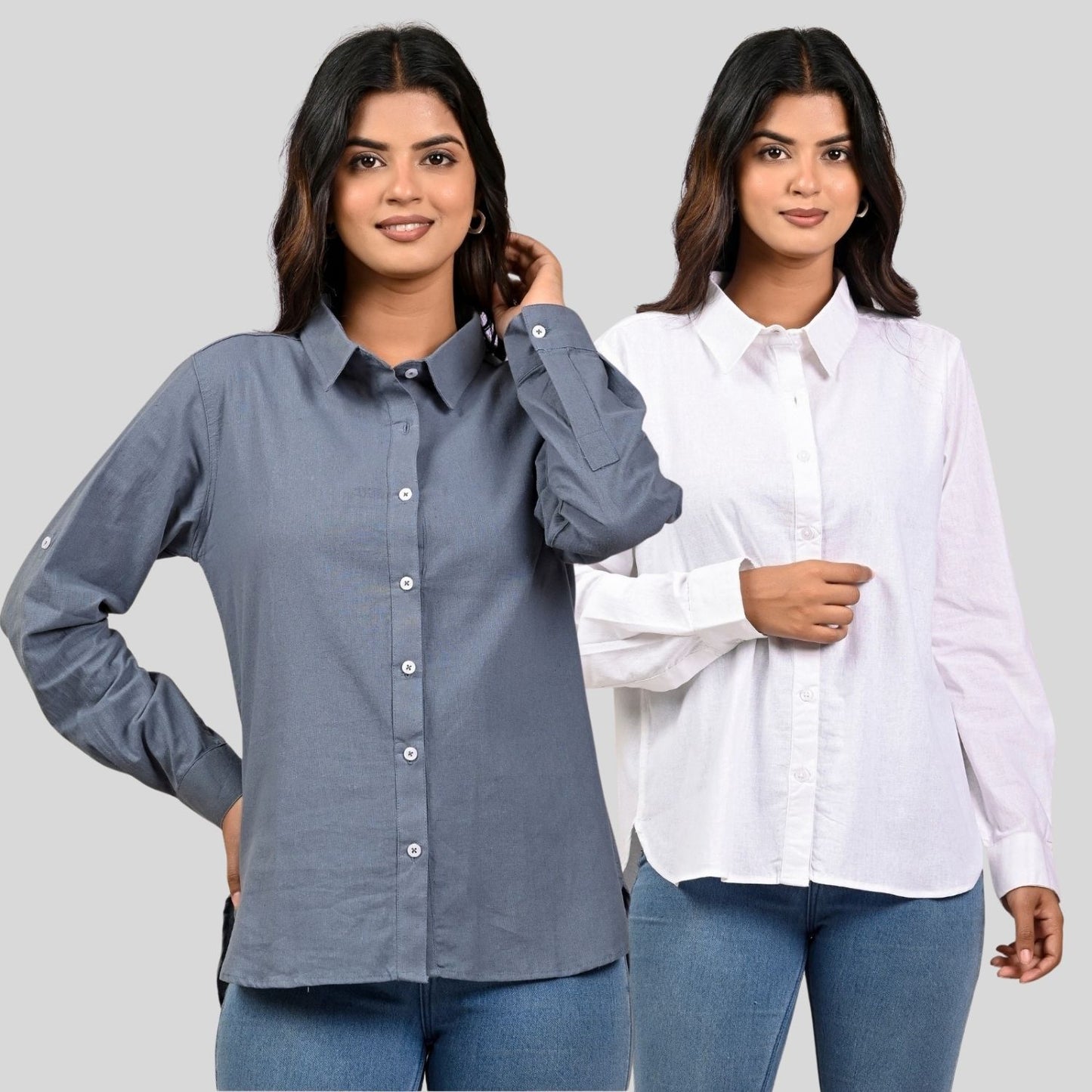 Women Grey And White Solid Airy Linen Cotton Shirts Combo