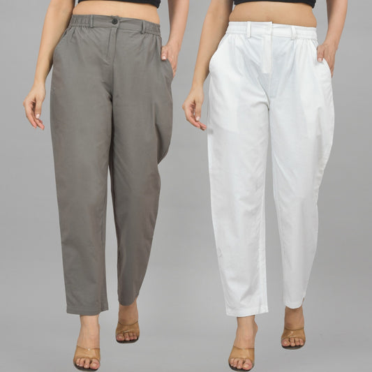 Combo Pack Of 2 Grey And White Womens Cotton Formal Pants