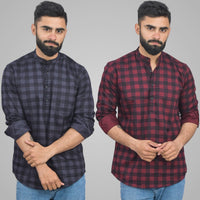 Pack Of 2 Mens Grey And Wine Check Cotton Short Kurta Combo