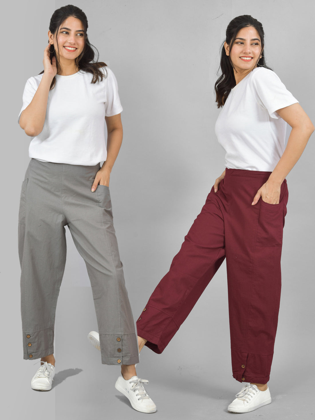 Combo Pack Of Womens Grey And Wine Side Pocket Straight Cargo Pants