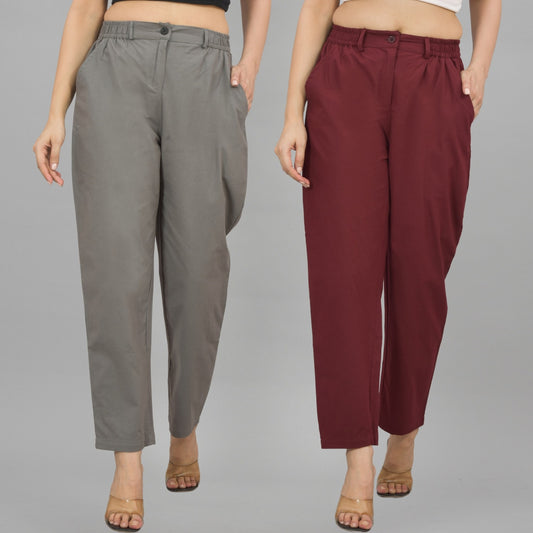 Combo Pack Of 2 Grey And Wine Womens Cotton Formal Pants