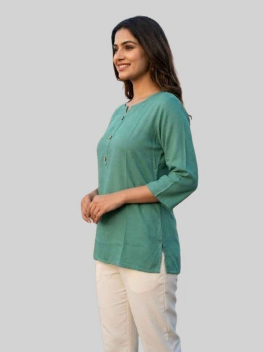 Women SeaGreen & Light Grey Rayon Short Kurti