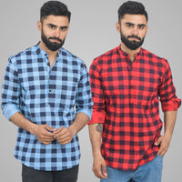 Pack Of 2 Mens Ice Blue And Red Check Cotton Short Kurta Combo