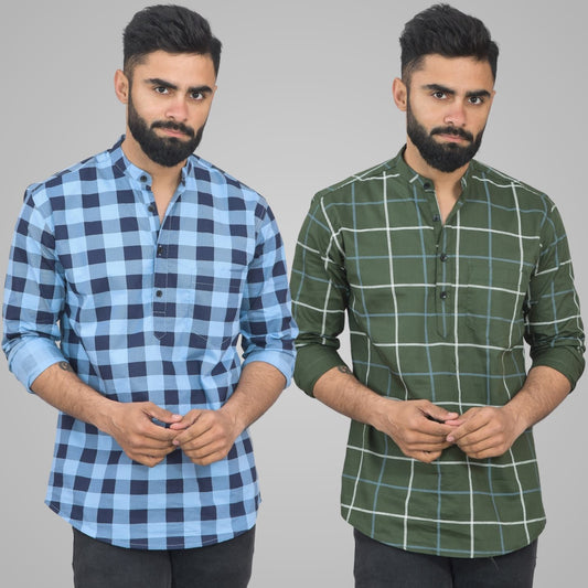 Pack Of 2 Mens Ice Blue And Mehendi Green Wide Check Cotton Short Kurta Combo