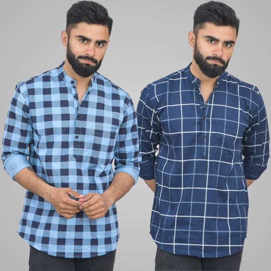 Pack Of 2 Mens Ice Blue And Navy Blue Wide Check Cotton Short Kurta Combo
