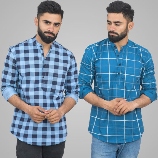 Pack Of 2 Mens Ice Blue And Teal Blue Wide Check Cotton Short Kurta Combo