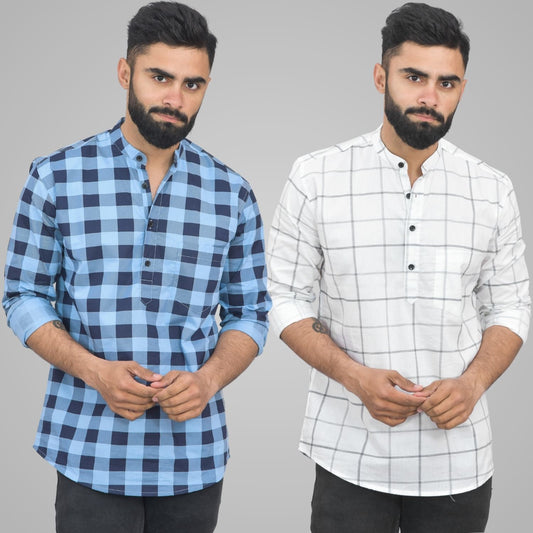 Pack Of 2 Mens Ice Blue And White Wide Check Cotton Short Kurta Combo