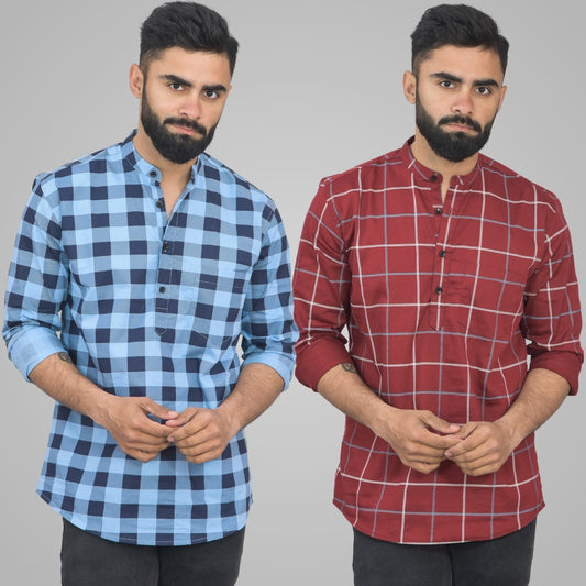 Pack Of 2 Mens Ice Blue And Wine Wide Check Cotton Short Kurta Combo