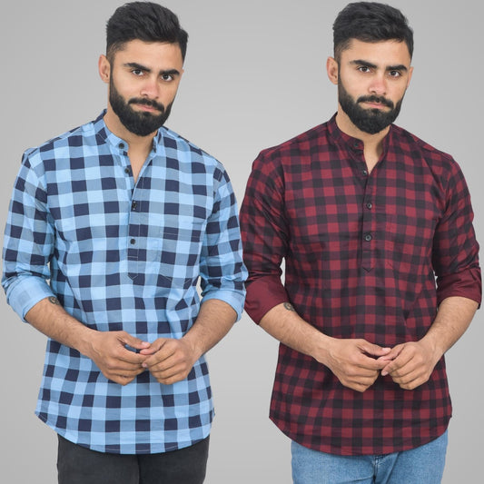 Pack Of 2 Mens Ice Blue And Wine Check Cotton Short Kurta Combo