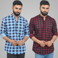 Pack Of 2 Mens Ice Blue And Wine Check Cotton Short Kurta Combo