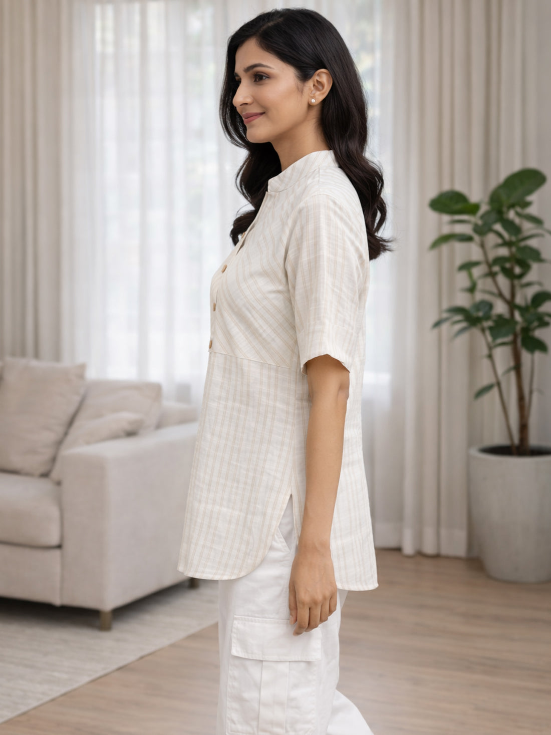 Women’s Light Brown Stripe Yoke Top