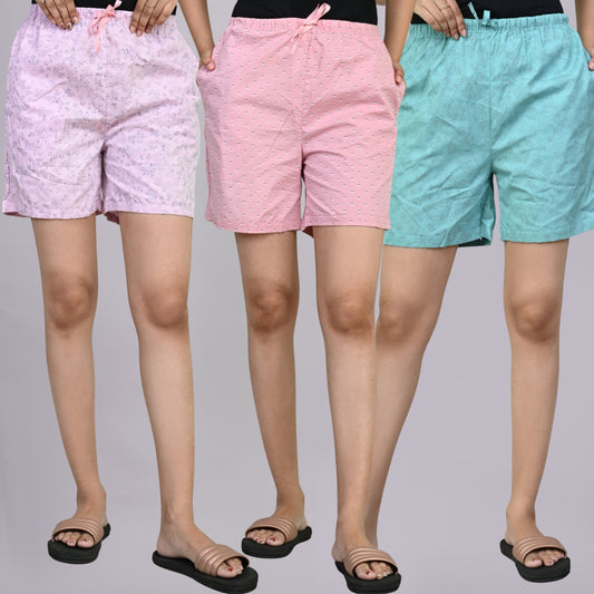 Pack Of 3 Light Pink, Pink And Sky Blue Printed Women Shorts Combo