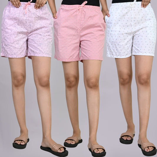 Pack Of 3 Light Pink, Pink And White Printed Women Shorts Combo