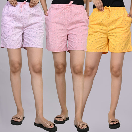 Pack Of 3 Light Pink, Pink And Yellow Printed Women Shorts Combo