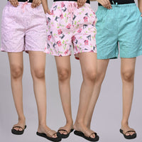 Pack Of 3 Light Pink, Pink Teddy And Sky Blue Printed Women Shorts Combo