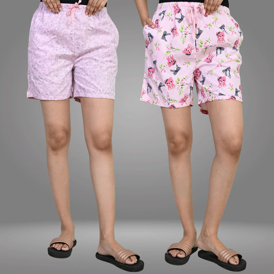 Pack Of 2 Womens Light Pink And Pink Teddy Printed Short Combo