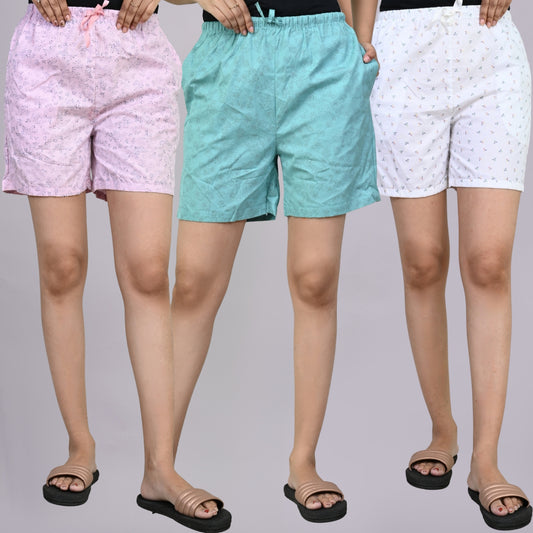 Pack Of 3 Light Pink, Sky Blue And White Printed Women Shorts Combo