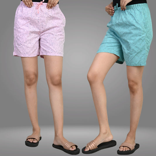 Pack Of 2 Womens Light Pink And Sky Blue Printed Short Combo