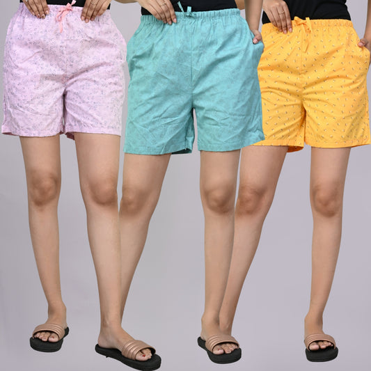 Pack Of 3 Light Pink, Sky Blue And Yellow Printed Women Shorts Combo