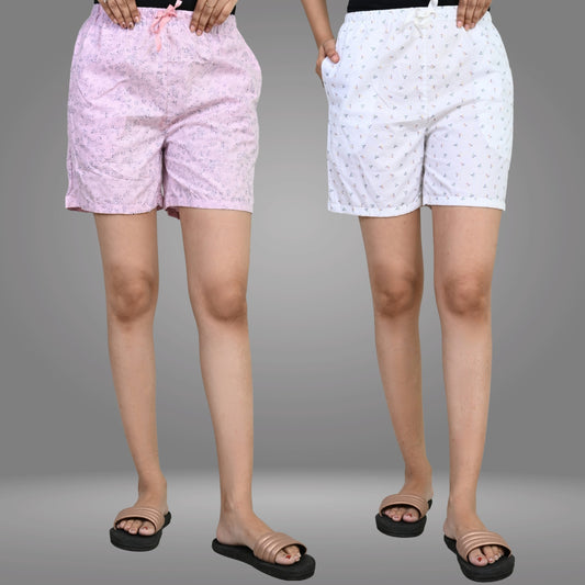 Pack Of 2 Womens Light Pink And White Printed Short Combo