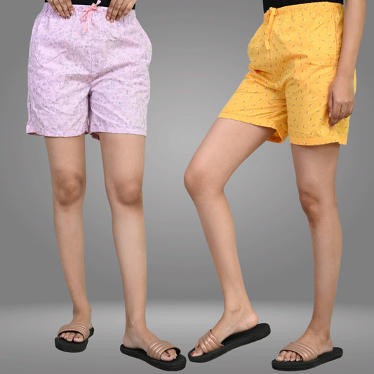 Pack Of 2 Womens Light Pink And Yellow Printed Short Combo