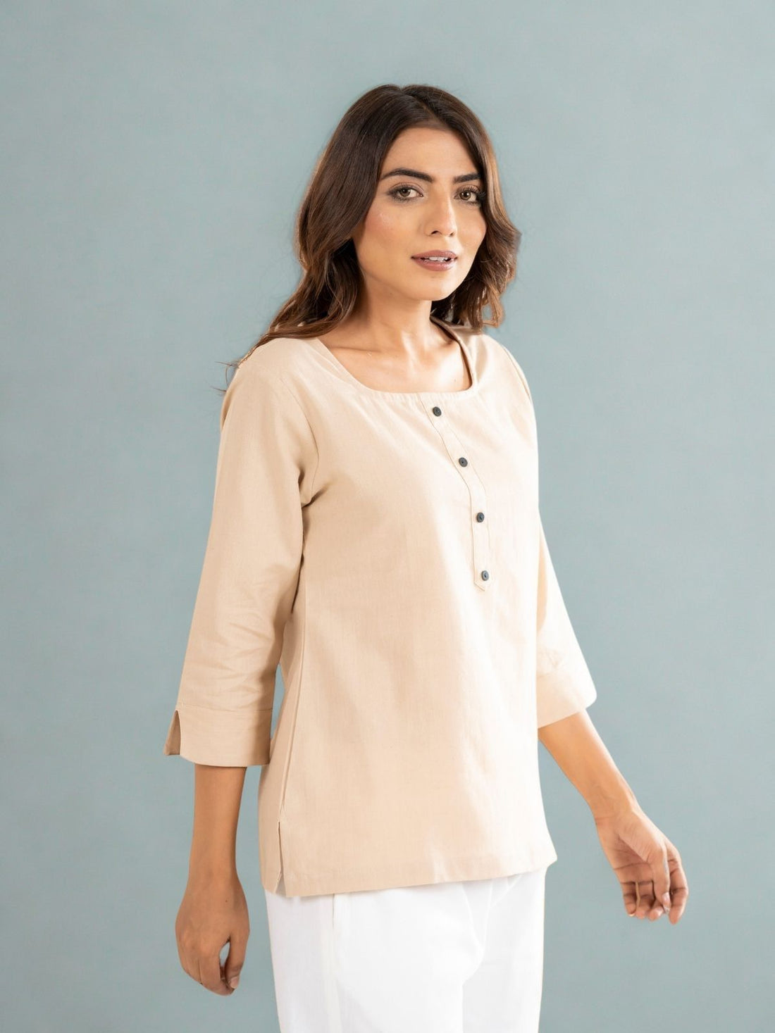 Light Beige & Light Grey Everyday Cotton Square Neck Top