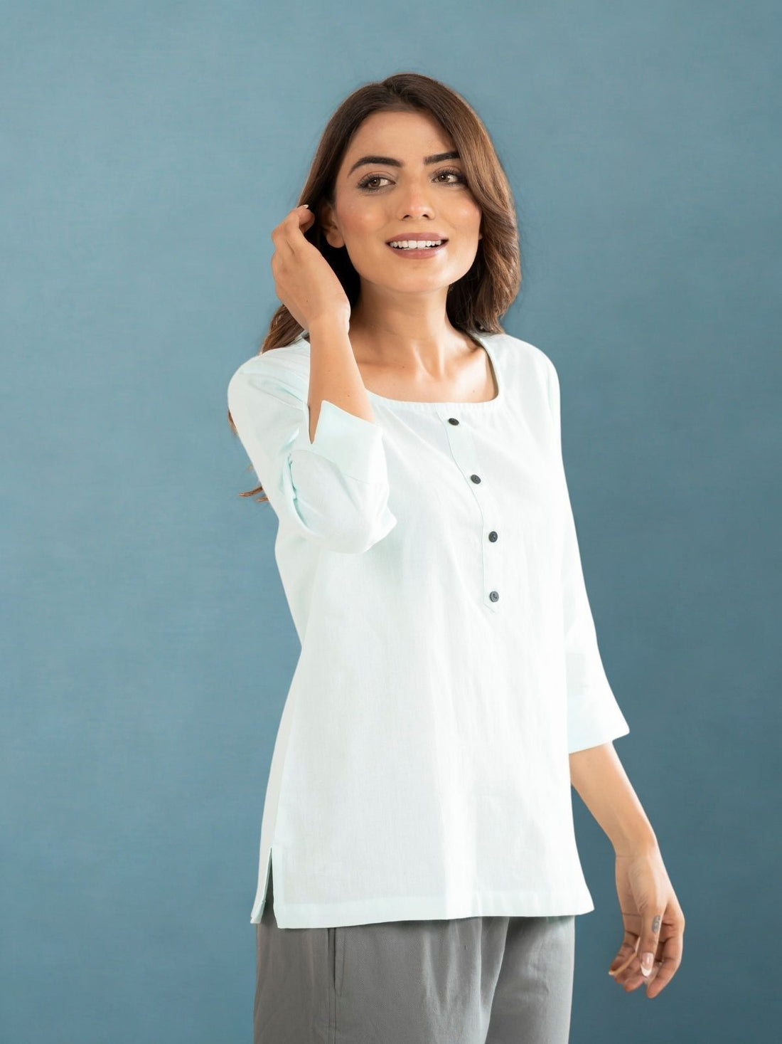 Light Blue & Light Grey  Everyday Cotton Square Neck Top