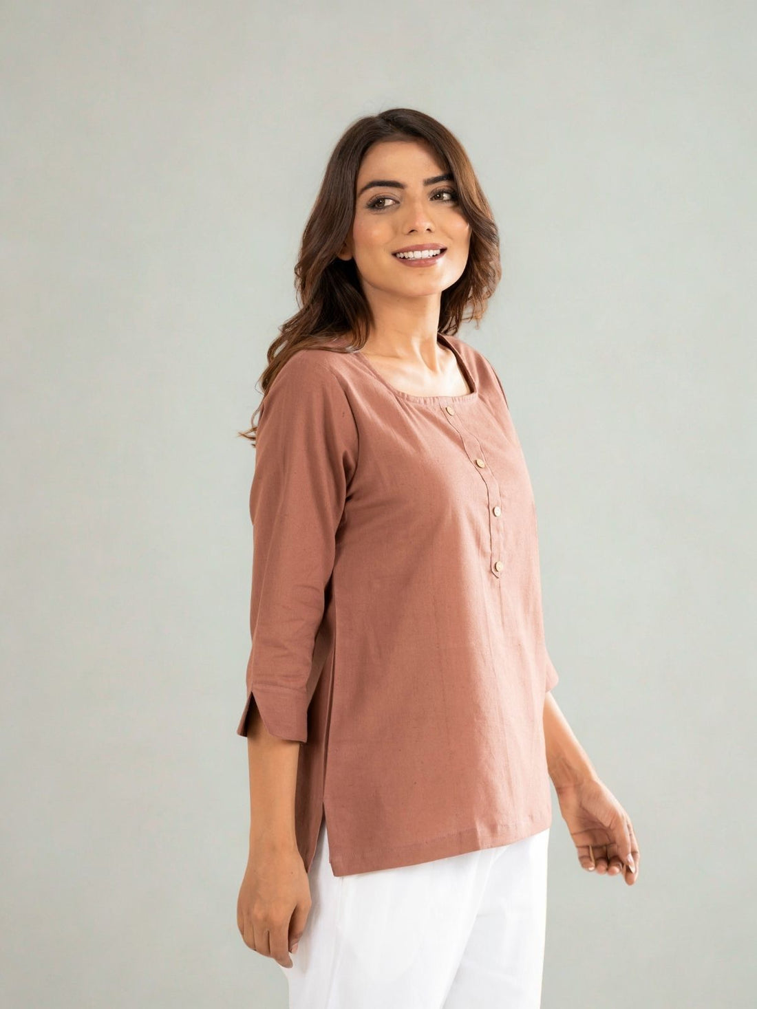 Light Brown & Light Peach Everyday Cotton Square Neck Top