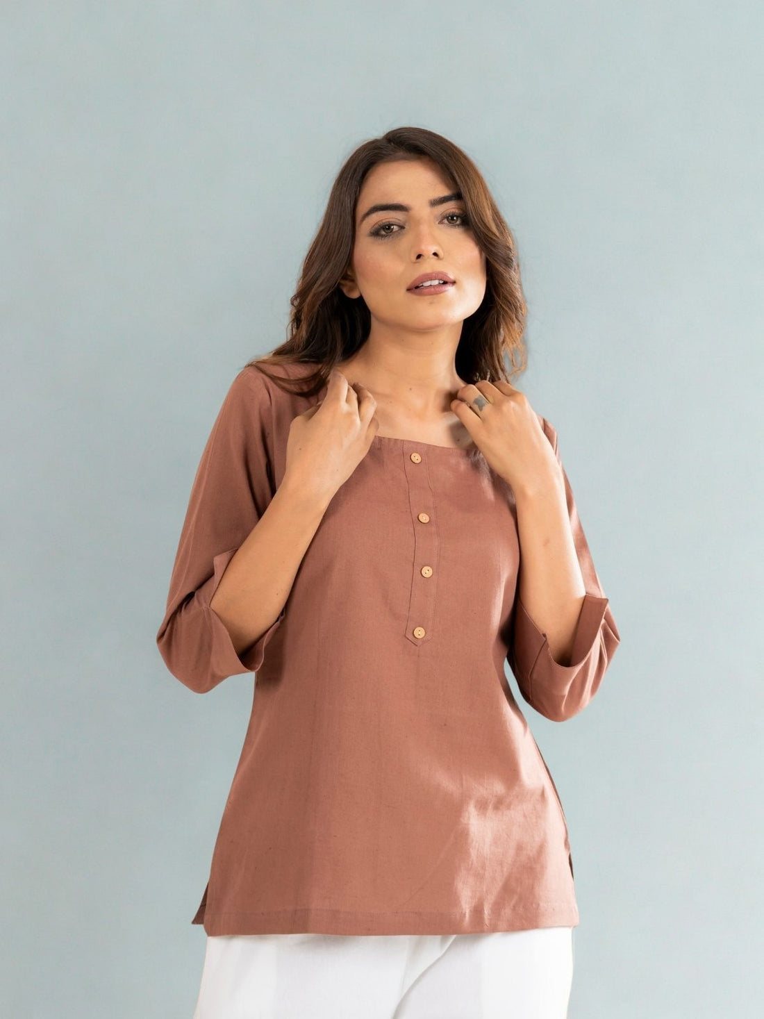 Light Brown Everyday Cotton Square Neck Top