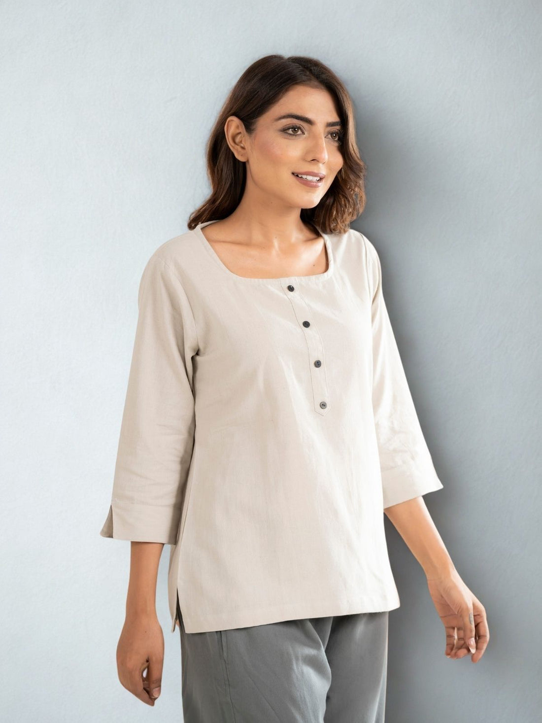 Light Grey & Light Peach  Everyday Cotton Square Neck Top
