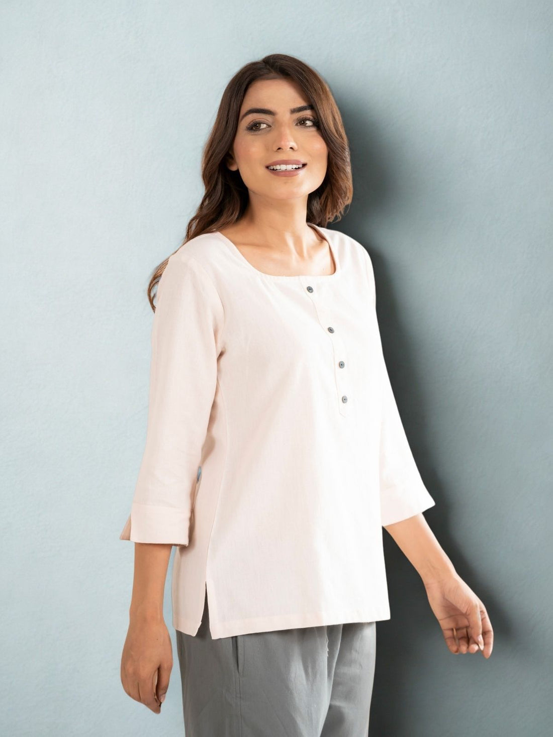 Light Peach & White  Everyday Cotton Square Neck Top