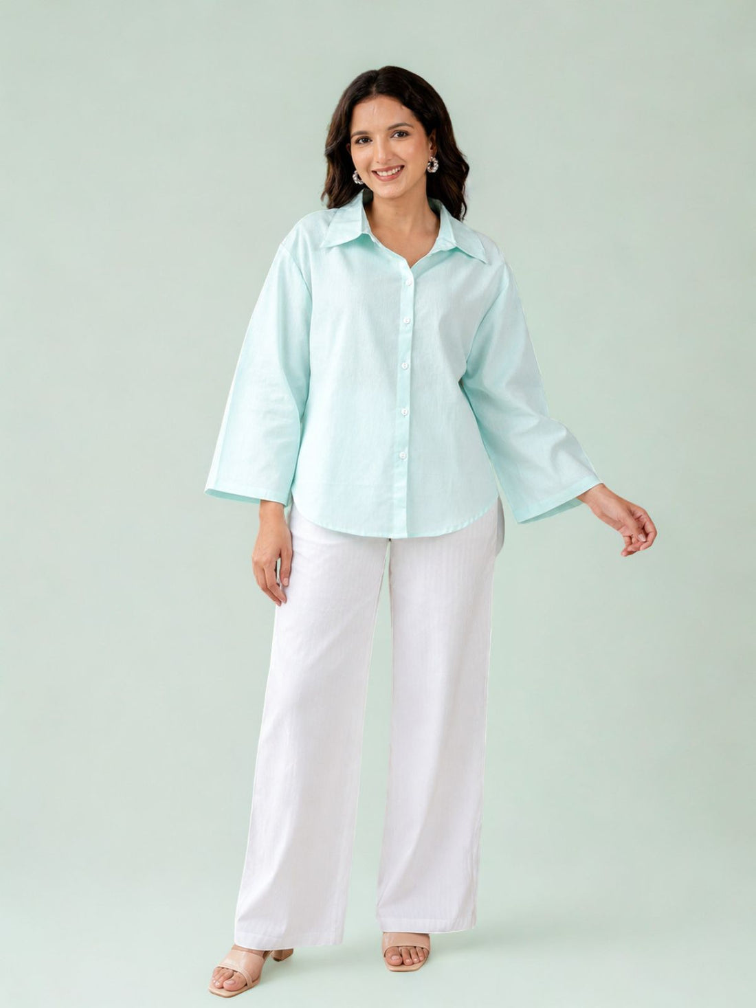 Light Blue Cotton bell Sleeves Shirts