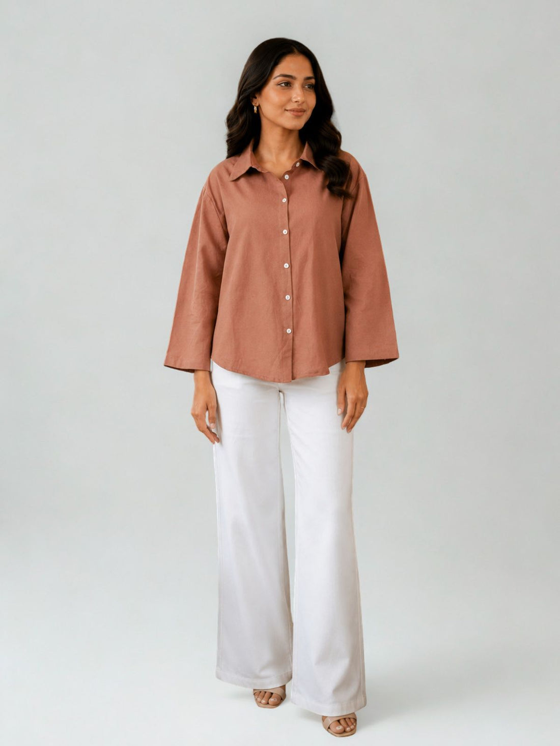 Light Brown Cotton bell Sleeves Shirts