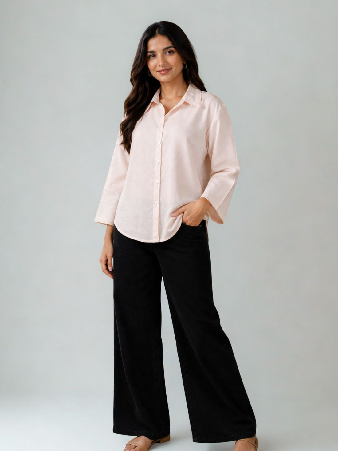 Light Pink Cotton bell Sleeves Shirts