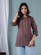 Womens Maroon Sanganeri Printed Cotton Short Kurti