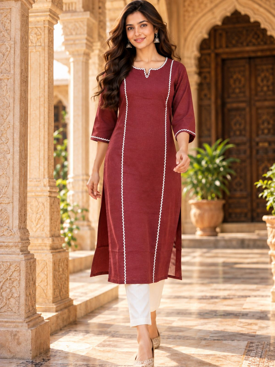 Maroon South Cotton straight Kurti with Lace
