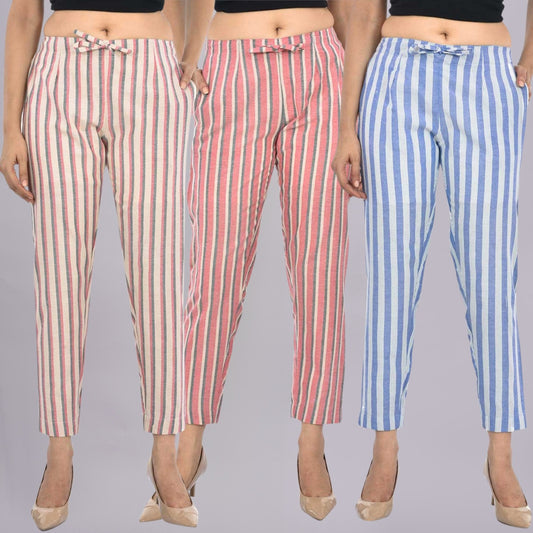 Pack Of 3 Womens Maroon, Red, Blue Cotton Broad Stripe Trouser Combo