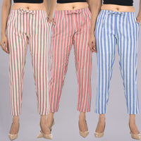 Pack Of 3 Womens Maroon, Red, Blue Cotton Broad Stripe Trouser Combo