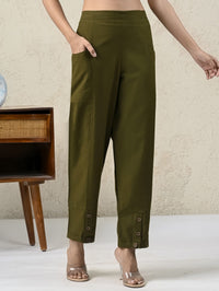 Womens Mehndi Green Side Pocket Pure Cotton Straight Cargo Pant