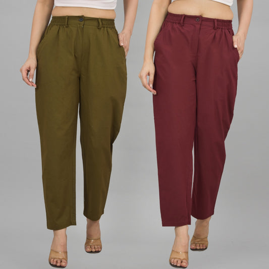 Combo Pack Of 2 Mehendi Green And Wine Womens Cotton Formal Pants