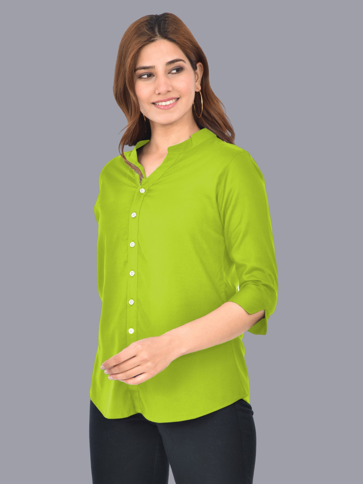 Womens Mehndi Green Regular Fit Chinese Collar Rayon Shirt