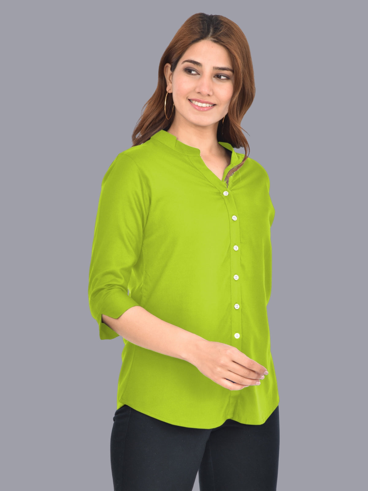 Womens Mehndi Green Regular Fit Chinese Collar Rayon Shirt