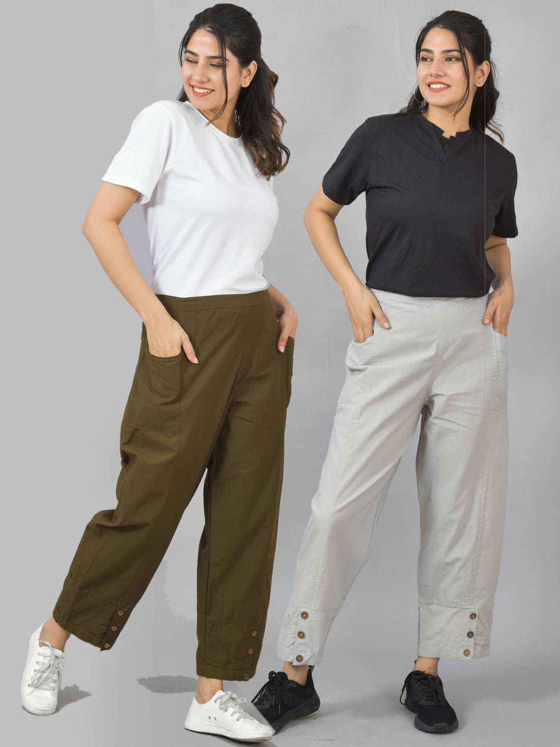 Combo Pack Of Womens Mehndi Green And Melange Grey Side Pocket Straight Cargo Pants